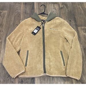 Mens TRUE RELIGION Tan Sherpa Zip Hoodie with Olive Green Trim NWT $159 Sz M